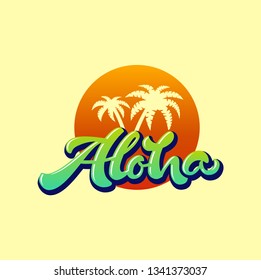 The inscription of aloha with palms. Hawaiian language greeting. Vector illustration EPS 10 