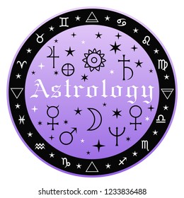 The inscription Astrology in a circle on a colored background, around the symbols of the signs of the zodiac and the planets.