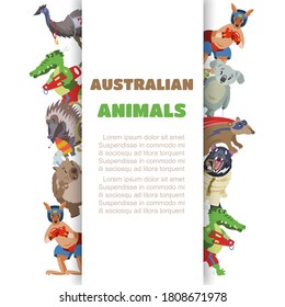 inscription Australian animals, collection pictures, variety mammal, design cartoon style vector illustration, isolated on white. Zoological zoo, cute marsupials and birds, native habitat on continent