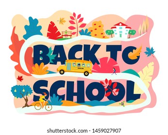 The inscription "back to school" is dark blue. The school bus goes up the hill to the school. A girl riding a bike. Autumn in pink and blue tones. Colorful leaves, pears and apples on a tree. EPS 10
