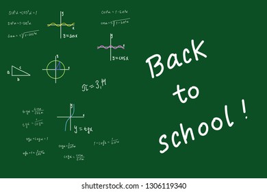 The inscription "back to school" and the mathematical formulas on the school board.