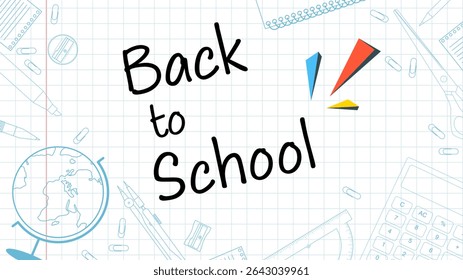 An inscription Back to School, stationery items on a background. Vector illustration