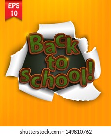 The inscription "Back to school" in the style of a blackboard in a frame of torn paper on a yellow background.