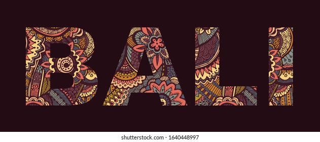 Inscription BALI in the style of abstract hand drawing. Letters with ornament