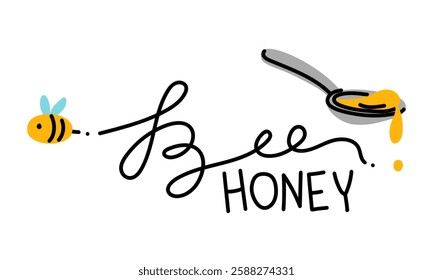 inscription is Bee honey with a bee and a spoonful of honey. The natural sweetness and purity of honey. It is ideal for packaging food, healthy lifestyle products or environmentally friendly products.