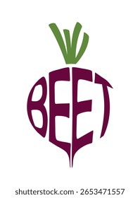 Beterraba de inscrição em forma de beterraba. Símbolo de vegetal, plantação e colheita. Alimentos orgânicos naturais. Imagem vetorial isolada