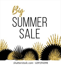 The inscription Big summer sale on a white background with an ornament of different black and gold palm leaves