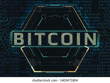 Inscription bitcoin and futuristic background with binary code.Digital currency concept.