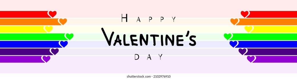 Inscription in black letters Happy Valentine's Day on a rainbow background with hearts.