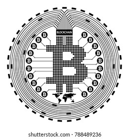 inscription - blockchain. simple pattern, black symbols of bitcoin on white background, vector illustration. halftone