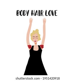 Inscripción amor por el pelo corporal. Ilustración vectorial de una mujer que muestra que la naturaleza nos creó naturales y no necesitamos avergonzarnos de nuestro cuerpo. Autoamor, feminismo y movimiento de naturalidad