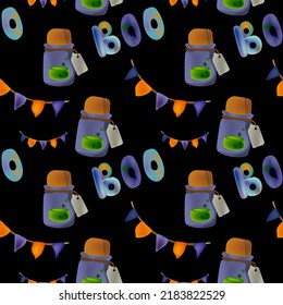 The inscription Boo for Halloween cards. Vector Illustration for Halloween. potion in a bottle. seamless pattern