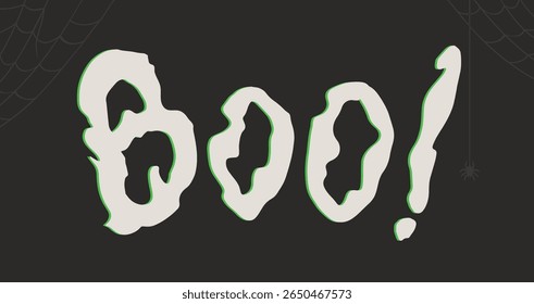 The inscription "boo" on a dark background. Stylized hand drawn design element for Halloween. Lettering design template. Scary inscription for decoration, prints, banners or web.