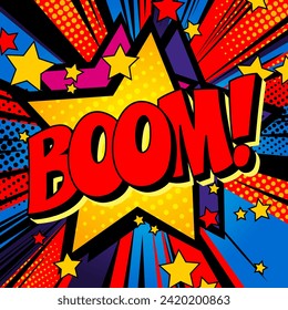 Inscription "boom" against comic background of bright explosion with stars and rays. Vector illustration
