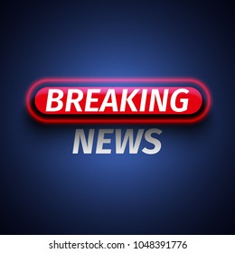 Inscription breaking news with neon lights on blue background. Vector illustration.