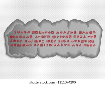 An inscription by unknown hieroglyphics of red color on a gray stone. Vector illustration.