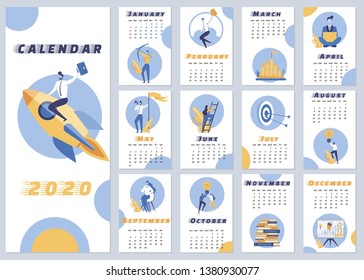 Inscription Calendar 2020 Vector Illustration. Calendar Layout for Year. Male Office Worker Flies on Rocket While Sitting on Top her. Monthly Glider for Office Staff. Cartoon Flat.