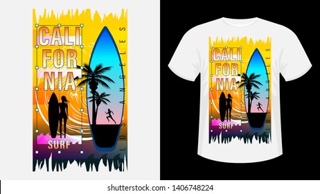 Inscription California, Los-Angeles Surf. Girl with surfboard on beach, silhouette running woman against sea wave, sunset and palm trees. Concept design for t-shirt, print, card. Vector Illustration