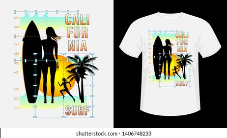 Inscription California, Los-Angeles Surf. Girl with surfboard on beach, silhouette running woman against sunset, palm trees. Geometric shape. Design for t-shirt, print, card. Vector Illustration