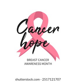 The inscription "cancer hope" with a pink ribbon on a white background. A symbol of breast cancer awareness. Poster design, campaign banner in honor of awareness month, printing