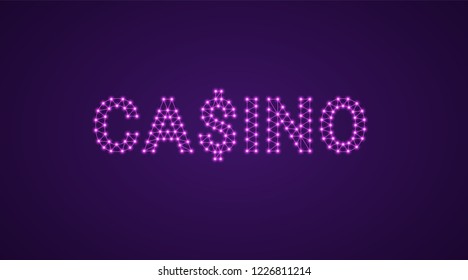 Inscription of Casino with neon lamps. Vector illustration, glowing Text of Casino in purple color. Isolated graphic element on the dark violet background for design
