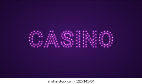 Inscription of Casino with neon lamps. Vector illustration, glowing Text of Casino in purple color. Isolated graphic element on the dark violet background for design