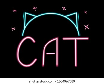 The inscription cat is neon. Illuminated inscription for cat banner and t-shirt. Modern design for the fabric.