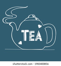  Inscription - CHAI on a steaming teapot. line art.  Vector illustration for poster or invitation card template.