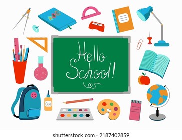 The inscription in chalk on the school board, the slogan Hello school. Around the board are stationery, accessories for study. Education. Color vector illustration. The background is isolated.