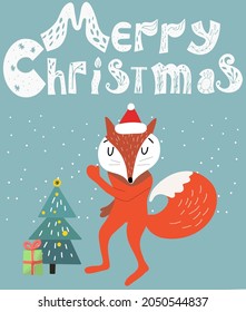 The inscription Christmas card Merry Christmas, the fox is dancing near the Christmas tree.