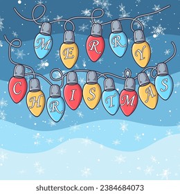 The inscription Christmas on New Year's multi-colored layers. Blue background with white snowflakes. Vector illustration.