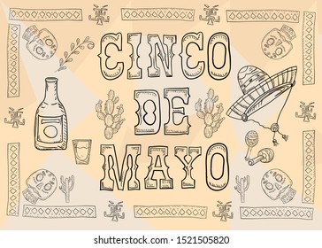 the inscription of Cinco de Mayo with a bottle and a sombrero hat