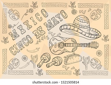 inscription Cinco de Mayo guitar sombrero and food with skulls in the corners