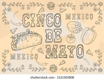 the inscription of Cinco de Mayo pepper, tomatoes and Mexican food