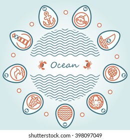 The inscription in the circle of the waves and a rope. Crabs around labels. Icons with marine symbols in circles