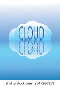 The inscription cloud on the background of clouds that are reflected in the water. Vector illustration.