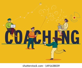 Inscription Coaching Flat Poster. Capital Letters and Cartoon Successful People Working on Laptop, Celebrating Victory with Champagne. Training Program. Corporate Education. Vector Illustration