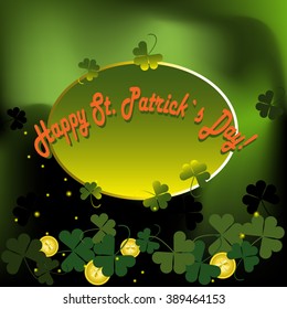 inscription congratulation to the day of St. Patrick on a green background with clover leaves and gold coins