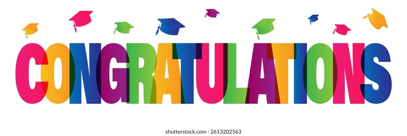 The inscription Congratulations is written in colored letters. Congratulations banner with students' hats. Vector illustration for graduation.