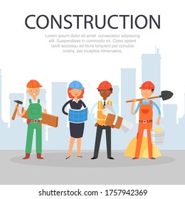 inscription construction, referential information, website homepage, professional workers, cartoon style vector illustration. Industrial business, engineer man, team employees, woman architect.