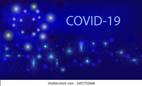Inscription Coronavirus COVID-19 on blue background of molecular structures. Abstract blue background of Coronavirus COVID-19. Molecules or DNA strand, science and medicine concept, genetic virus.