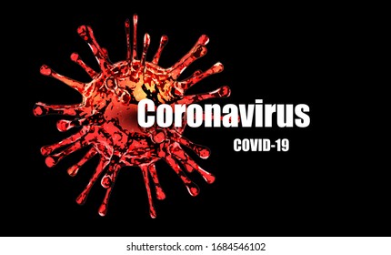 Inscription Coronavirus COVID-19 on dark background. Coronavirus infection medical banner. Pathogen respiratory influenza covid virus cells