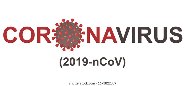 Inscription coronavirus on white background. Coronavirus 2019-nCov flu infection. Dangerous Coronavirus Cell in China, Wuhan. Illustration with red shapes on a gray sphere shape. Isolated.