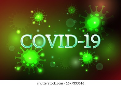 The inscription Covid-19 on the background of green bacteria of the Chinese flu of the coronavirus. World pandemic and crisis concept. vector illustration
