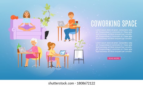 Inscription coworking space, colorful background, people at computer, business concept, design cartoon style vector illustration. Freelance creative office, teamwork, corporate community, workplace.