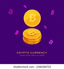 inscription cryptocurrency and bitcoin coins in isometric style against the background of flying volume signs bitcoin