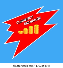 The inscription Currency exchange with stacks of gold coins of different countries in the form of a growing graph. Against the background of red stroke, arrows. Swift silhouette. Isolated background