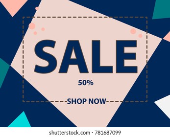 The inscription "Cyber Monday, 50%, new store", background geometric figures of blue and pink. Colored, vector illustration is suitable for cards, advertising, banner.