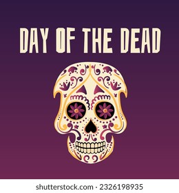 Inscription Day of the Dead, banner with colorful Mexican flowers. Fiesta, holiday poster, party flyer, funny greeting card