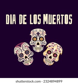 Inscription Day of the Dead in Spanish, banner with colorful Mexican flowers. Fiesta, holiday poster, party flyer, funny greeting card